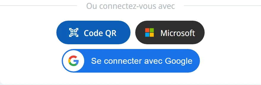 Les boutons Code QR, Microsoft et Google sous le formulaire de connexion