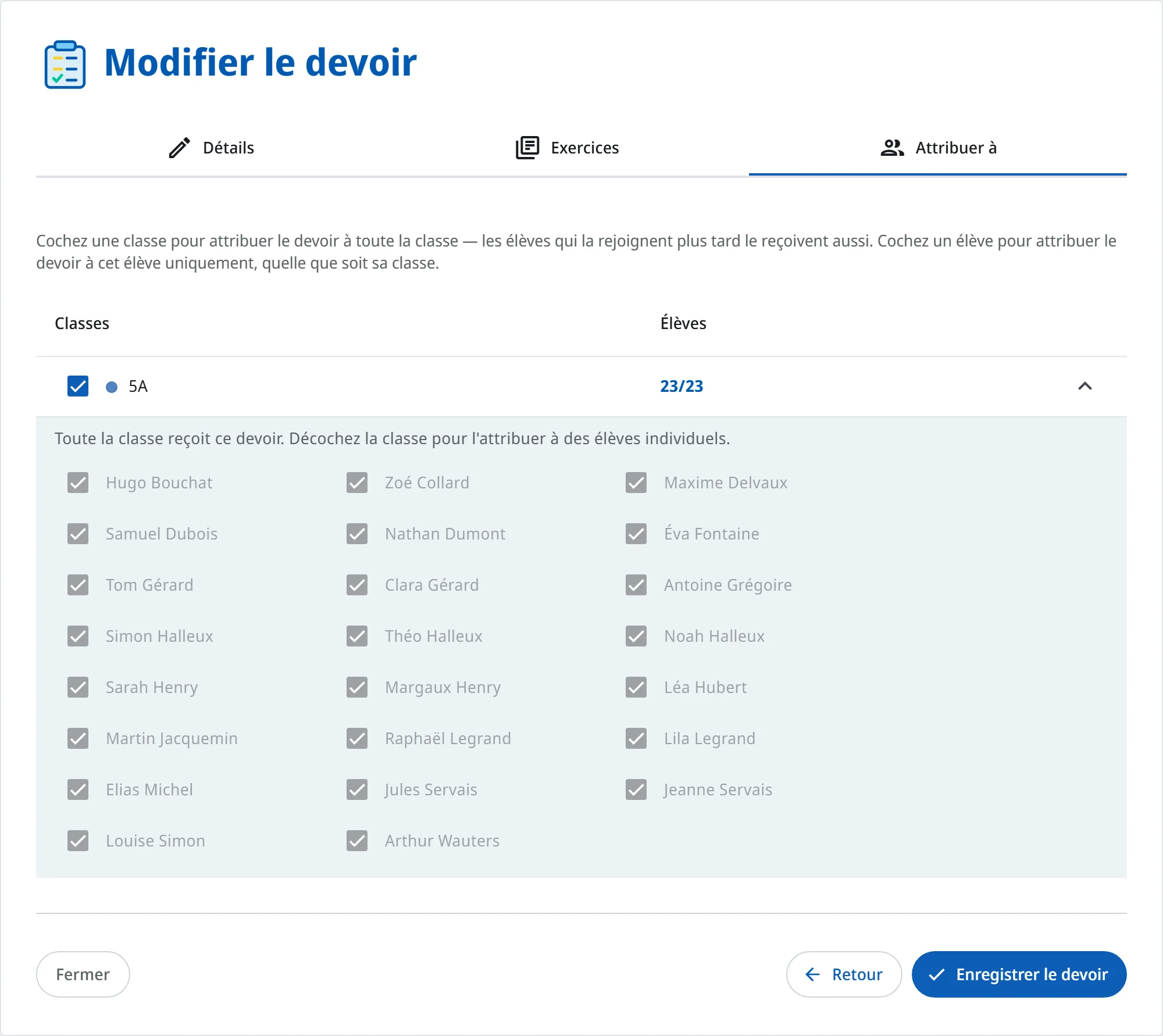 L'étape Attribuer à avec les classes et leurs élèves