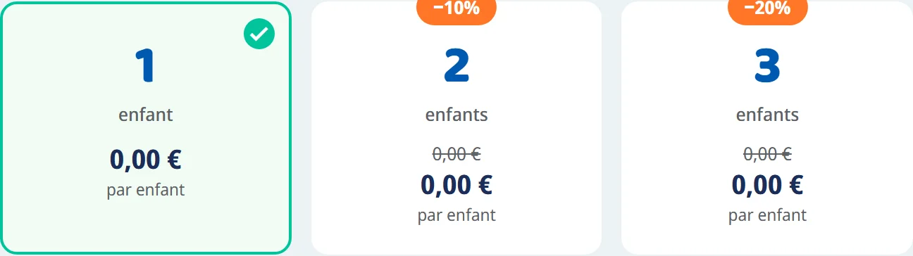 Les cartes de choix du nombre d'enfants, avec la remise par carte