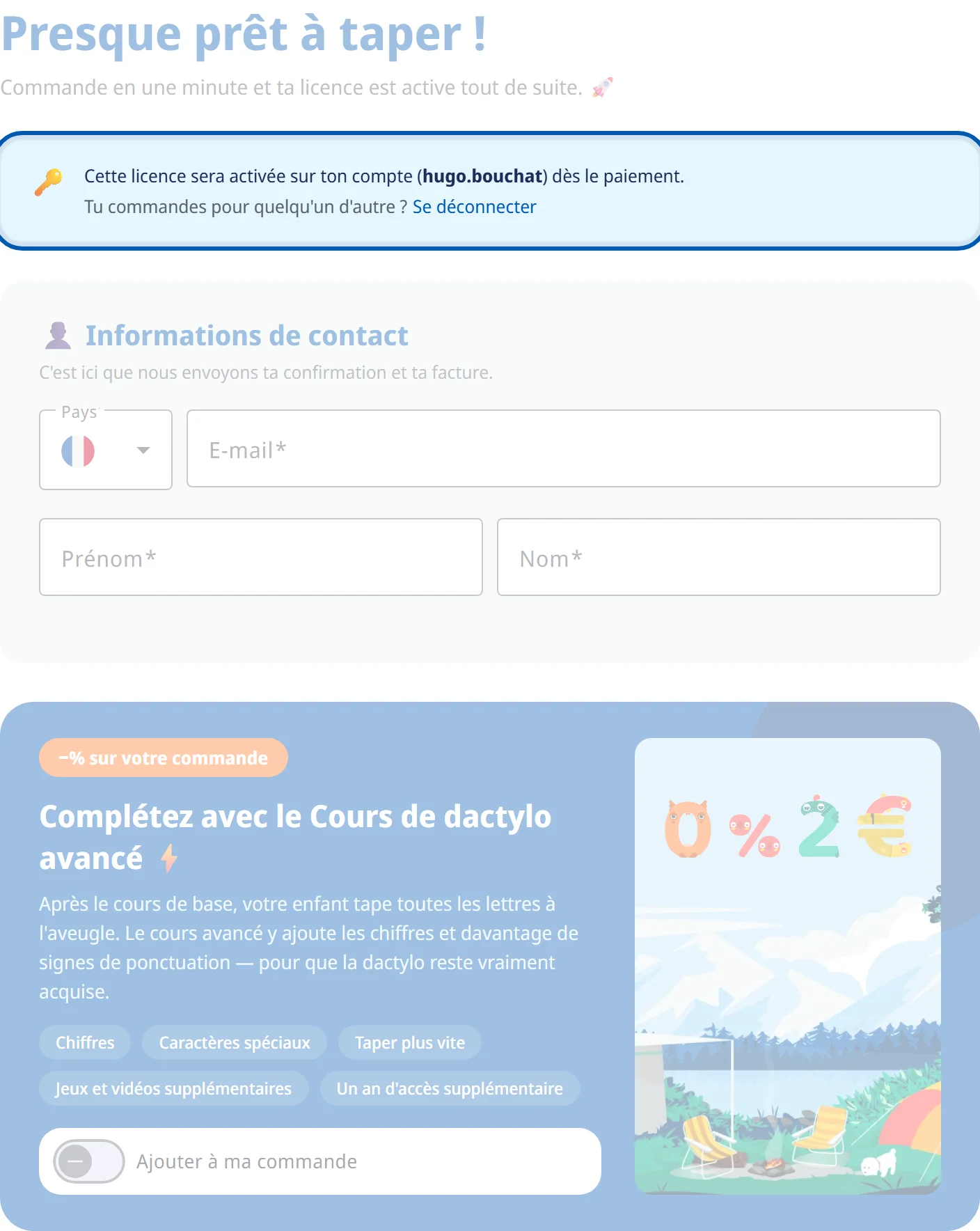 La caisse connecté en tant qu'élève, avec le message sur ton propre compte