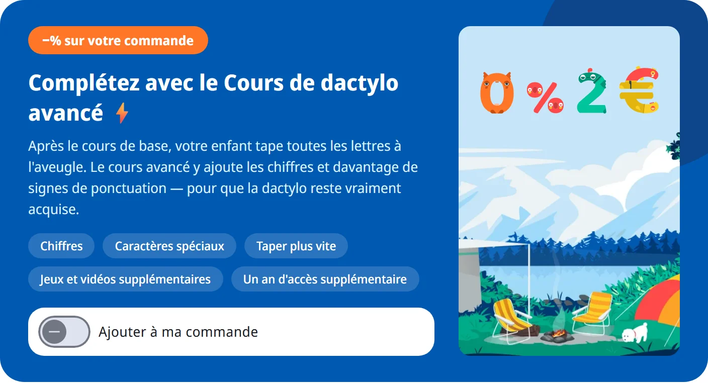 La bannière du Cours de dactylo avancé à la caisse, avec l'interrupteur