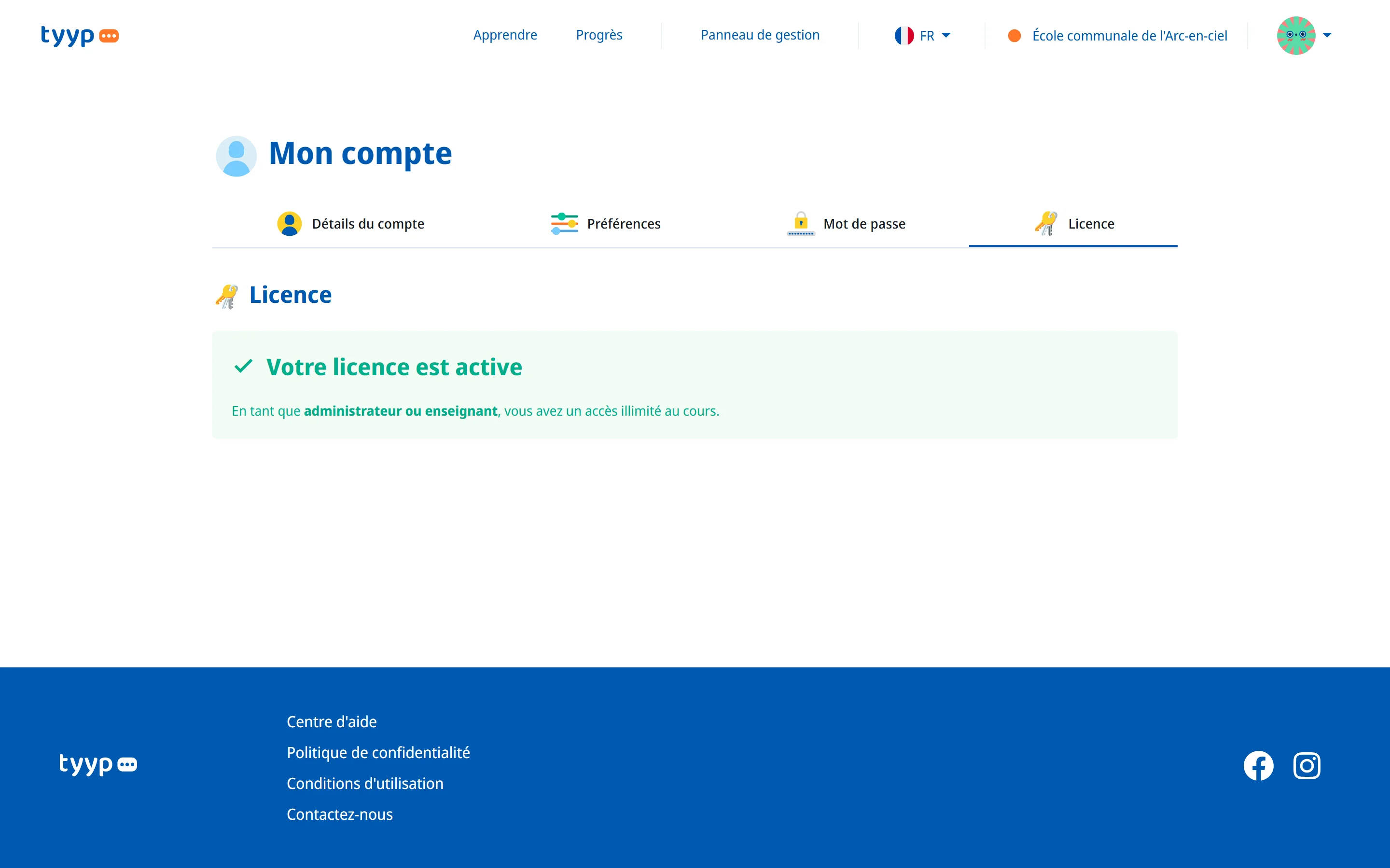 La page licence d'un enseignant