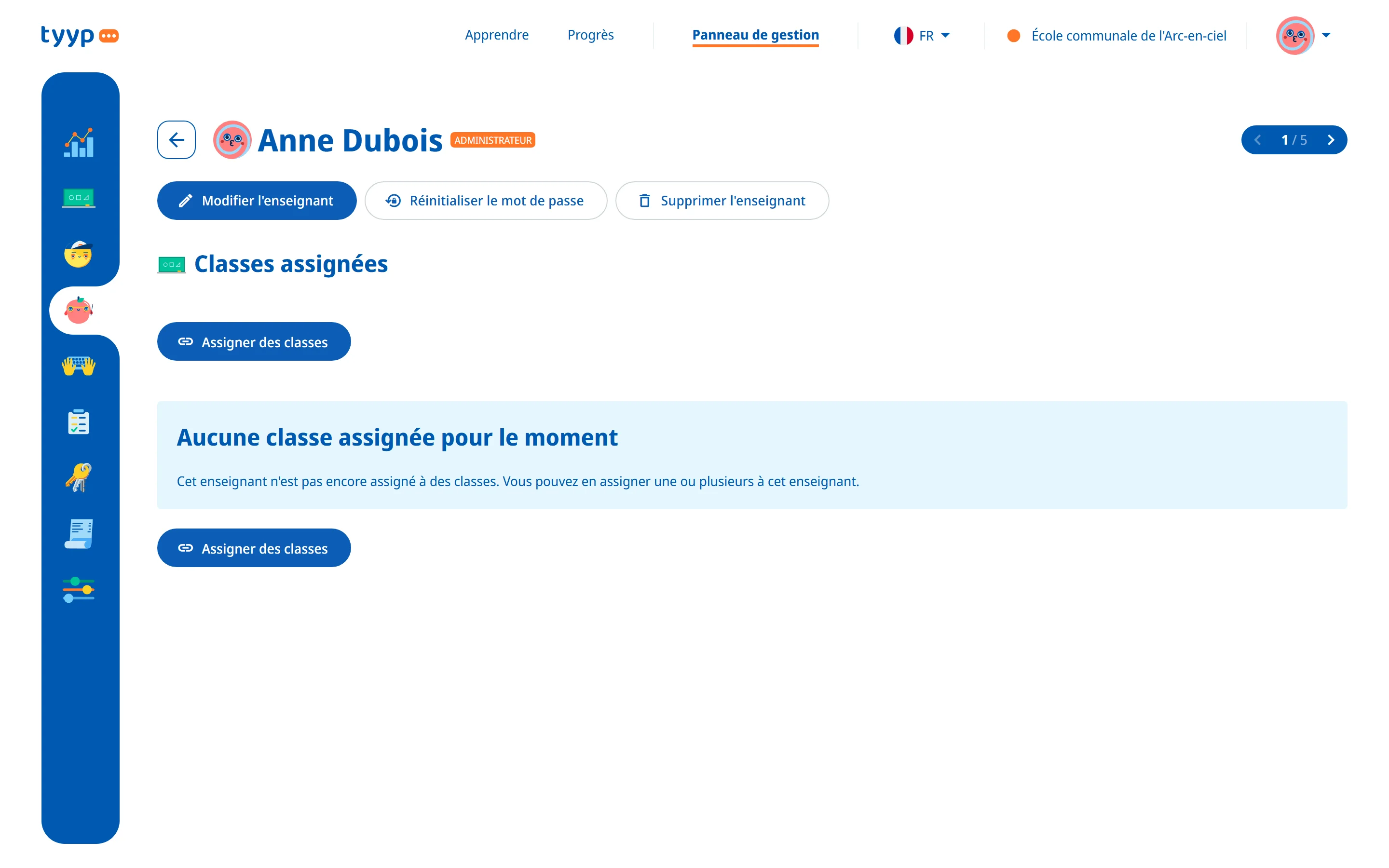 La page d'un enseignant avec ses classes assignées