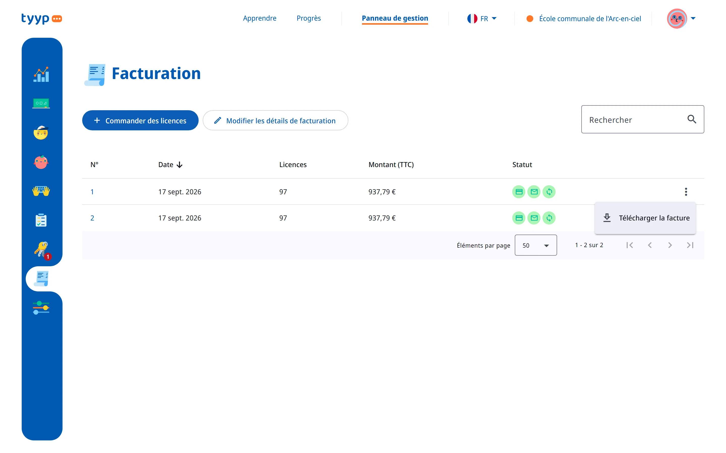 Le menu « Plus d'actions » sur une facture