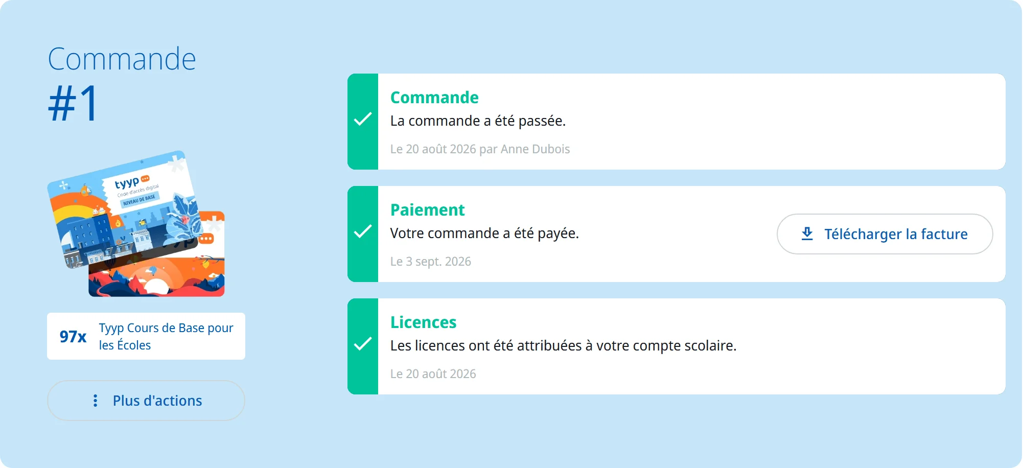 La liste d'étapes d'une commande en cours