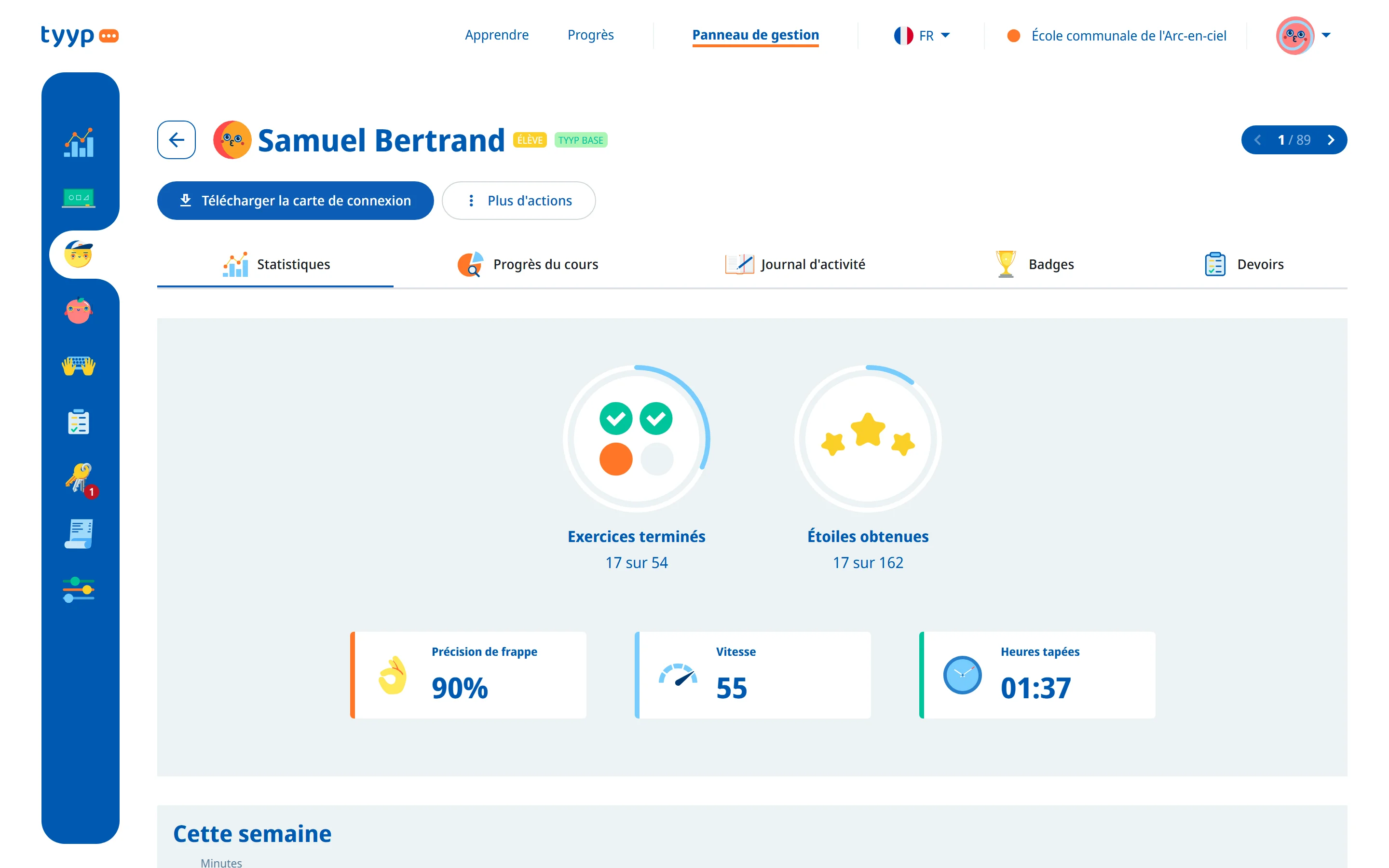 Les statistiques d'un élève avec les graphiques Cette semaine et Évolution