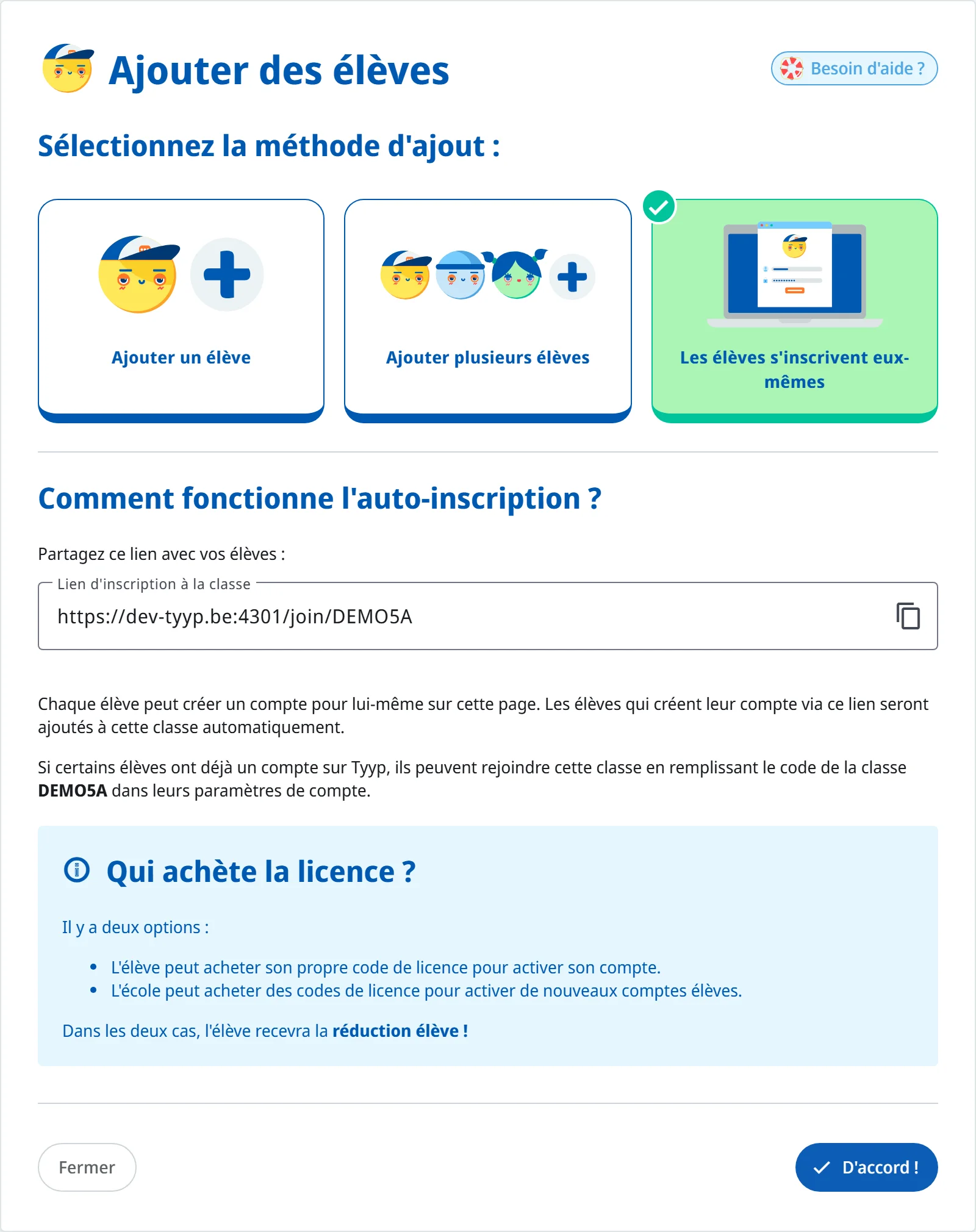Le lien d'inscription et le code de la classe